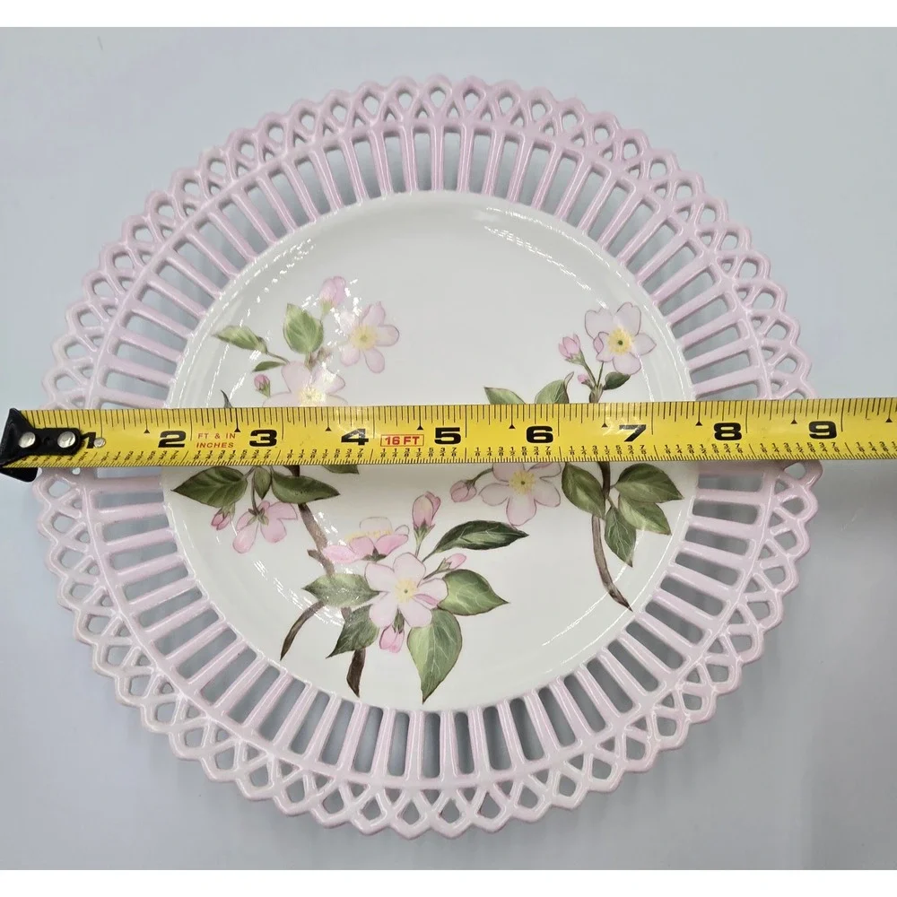 Pink Reticulated Pierced Lattice Rim Porcelain Plate Pink Crab Apple Blossoms 9